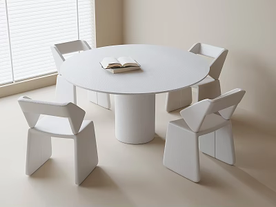 Modern White Round Dining Table And Chairs Set By Window With Blinds 3d model