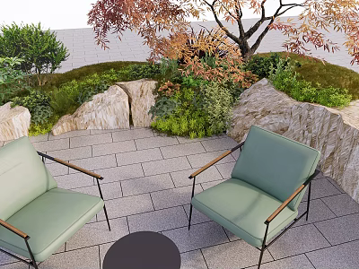 Tranquil Garden Landscape With Green Chairs Black Round Table Stone Paved Ground And Colorful Trees 3d model