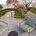 Tranquil Garden Landscape With Green Chairs Black Round Table Stone Paved Ground And Colorful Trees