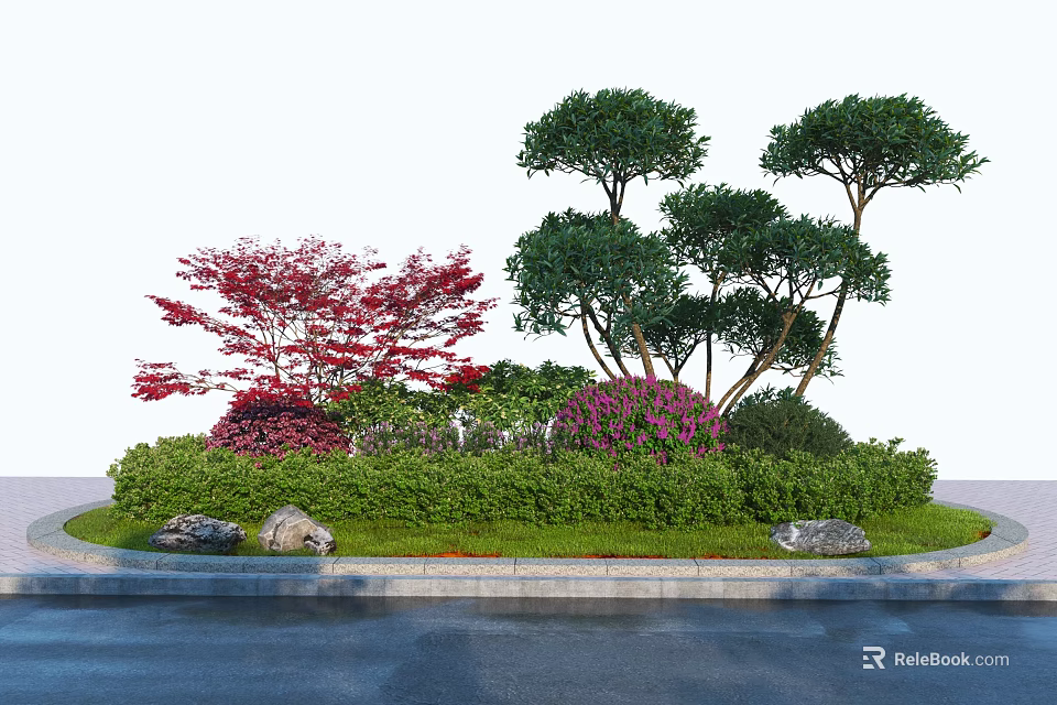 Roadside Landscaping Facilities With Circular Green Island Various Trees Shrubs Purple Flowers And Stone Bollards 3d model 