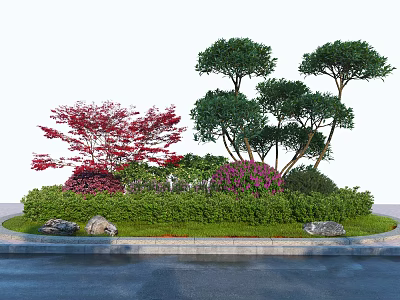 Roadside Landscaping Facilities With Circular Green Island Various Trees Shrubs Purple Flowers And Stone Bollards 3d model