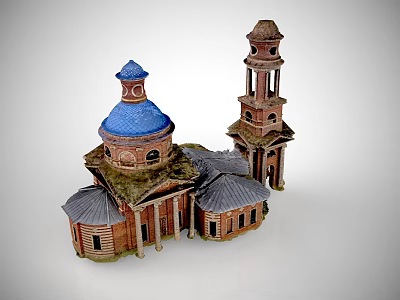 Ancient Architecture Model Featuring Blue Dome Brick Tower And Traditional Roof Design 3d model