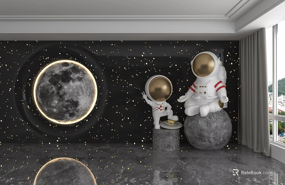 Black Starry Background Wall with Round Moon Design and Astronaut Figurines on Marble Floor 3d model 