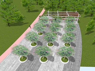 Garden Landscape Design With Neatly Arranged Potted Trees Stone Pavement Green Lawn And White Pergola 3d model