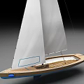 Wooden Hull Sailboat Model With White Sail Black Logo And Blue Bottom Design
