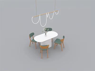 Modern Dining Table Set with Oval Table Green Chairs Hanging Light and Vase Plant 3d model