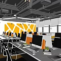 Modern Public Office Space With Workstations Computers Yellow Wall Design Large Windows And Lighting 3d model