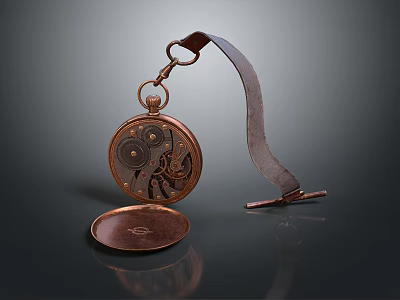Open Copper Pocket Watch Featuring Internal Gears Leather Strap And Vintage Design 3d model