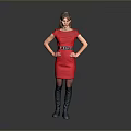 Woman In Red Dress Standing With Hands On Hips Against Gray Background