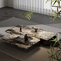 Marble Coffee Table Featuring Glasses Bottle Tray On Top With Bamboo Plant And Gray Rug