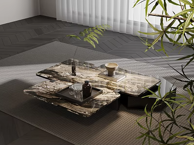 Marble Coffee Table Featuring Glasses Bottle Tray On Top With Bamboo Plant And Gray Rug 3d model