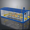 Industrial Machine Model With Blue Casing Transparent Panels Yellow Pipes And Internal Components