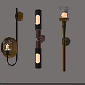 Lit Wall Lamps With Different Designs On Light Colored Wall Various Shapes Materials Transparent Shades