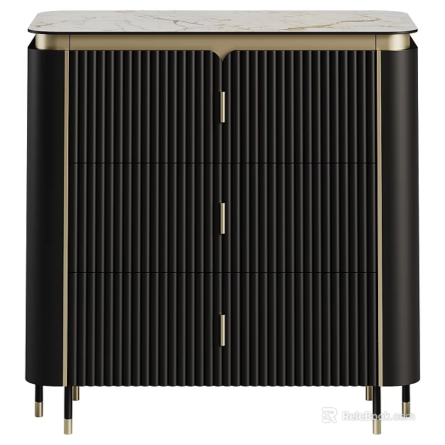 Modern Black Sideboard With Vertical Striped Design Gold Handles And Trim 3d model 