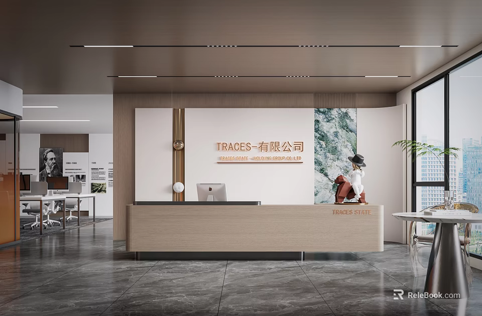 Modern Front Desk Reception In Office Interior With Company Logo And Green Plant 3d model 