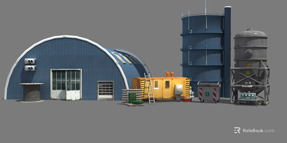 Yellow Industrial Equipment In Blue Arched Factory With Tower Ladder And Waste Container 3d model 