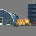 Yellow Industrial Equipment In Blue Arched Factory With Tower Ladder And Waste Container