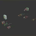 Various Shapes Sizes Gray White Orange Electronic Equipment on Dark Background with Connecting Cables