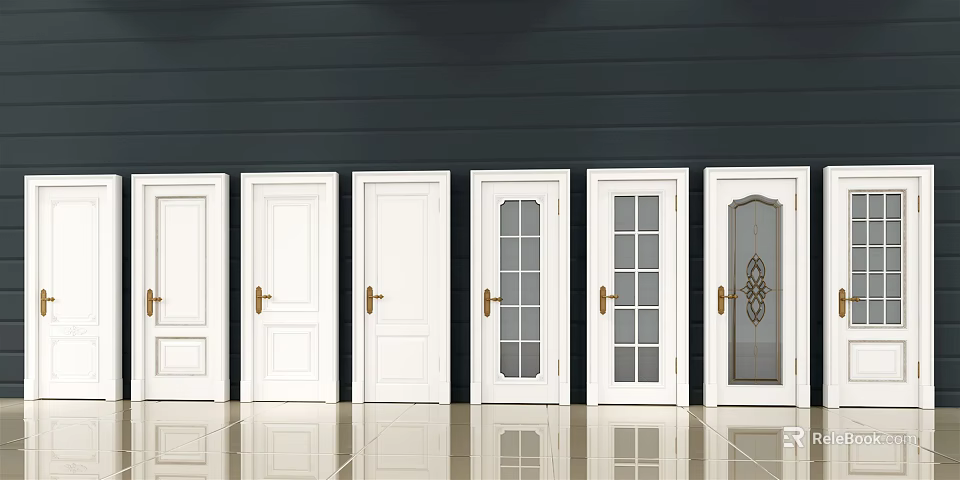 White Hinged Doors in Various Designs Side by Side Against Dark Wall with Tile Floor 3d model 