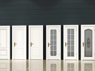 White Hinged Doors in Various Designs Side by Side Against Dark Wall with Tile Floor 3d model