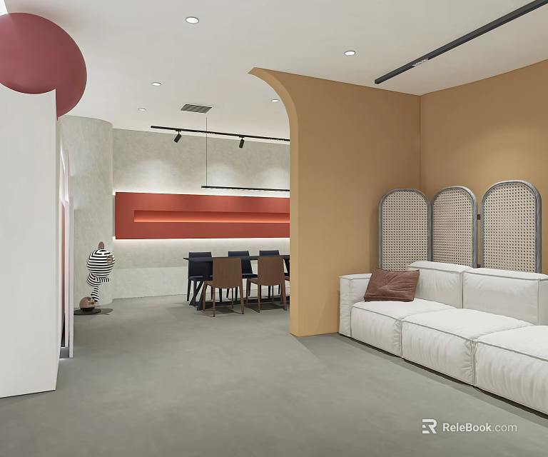 Modern Interior with White Sofa Beige Walls Red Decorative Strip Gray Flooring and Arched Partition 3d model 