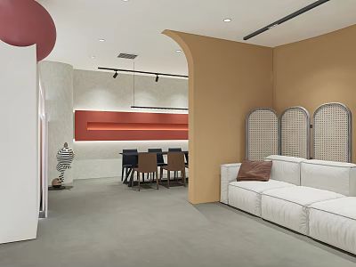 Modern Interior with White Sofa Beige Walls Red Decorative Strip Gray Flooring and Arched Partition 3d model