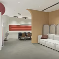 Modern Interior with White Sofa Beige Walls Red Decorative Strip Gray Flooring and Arched Partition