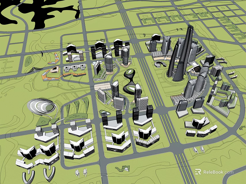Modern High Rise Office Buildings In Urban Master Plan With Roads And Green Spaces 3d model 