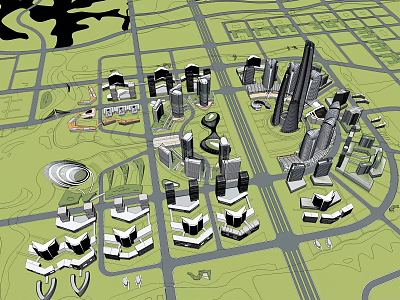 Modern High Rise Office Buildings In Urban Master Plan With Roads And Green Spaces 3d model