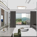 Modern Dining and Living Room Interior With Pendant Lights Green Chairs And Wooden Cabinets