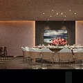 Stylish Private Dining Room Interior With Round Dining Table Floral Arrangement And Curtains