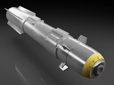 Tactical Military Missile Featuring Silver Cylindrical Body Yellow Warhead And Metallic Fins Design 3d model
