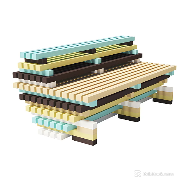 Stone And Wood Stacked Blocks With Colored Planks In Layered Structure 3d model 