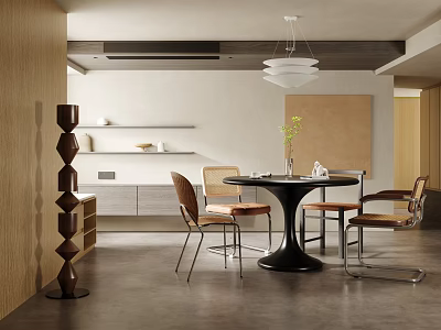 Modern Restaurant Interior Design With Round Dining Table Wooden Wall And Pendant Light 3d model