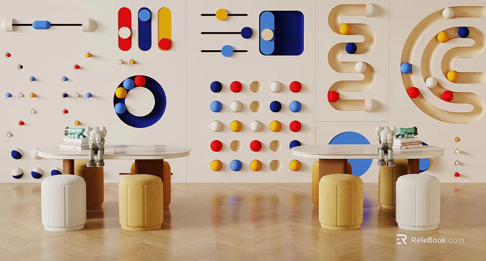 Kids Table With Round Top Yellow Stools And Colorful Wall Decorations 3d model 