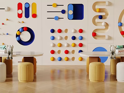 Kids Table With Round Top Yellow Stools And Colorful Wall Decorations 3d model