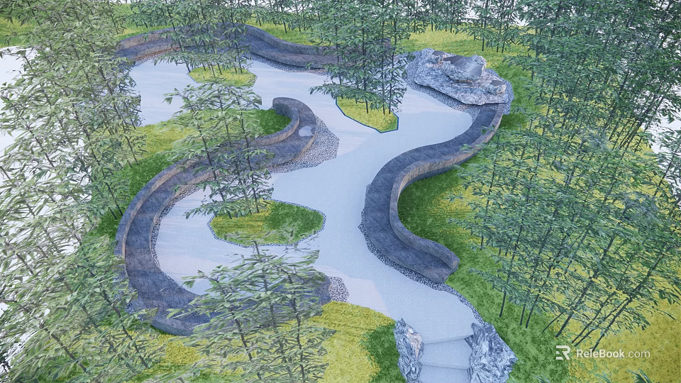 Scenic Garden Landscape With Winding Paths Green Grass Trees And Rock Accents 3d model 