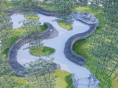 Scenic Garden Landscape With Winding Paths Green Grass Trees And Rock Accents 3d model