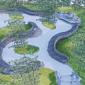 Scenic Garden Landscape With Winding Paths Green Grass Trees And Rock Accents