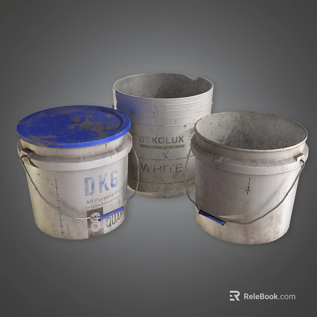 Old Paint Buckets With Different Labels And Blue Lid For Construction Use 3d model