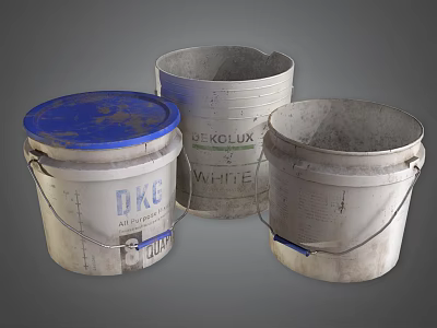 Old Paint Buckets With Different Labels And Blue Lid For Construction Use 3d model