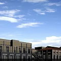 Red Brick Industrial Plant With Red Roof Single Story Windows Spacious Square Under Blue Sky