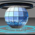 Blue Spherical Digital Display With Circular Ring Network Tech Elements And Cityscape For Computer Exhibition 3d model