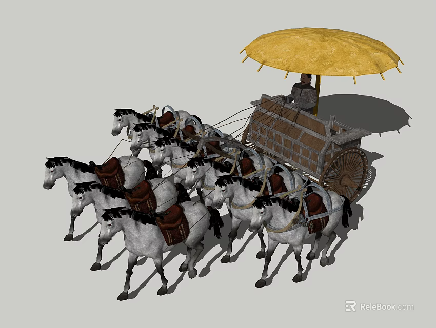 Decorative Garden Ornament Chariot Model With White Horses And Yellow Canopy 3d model 