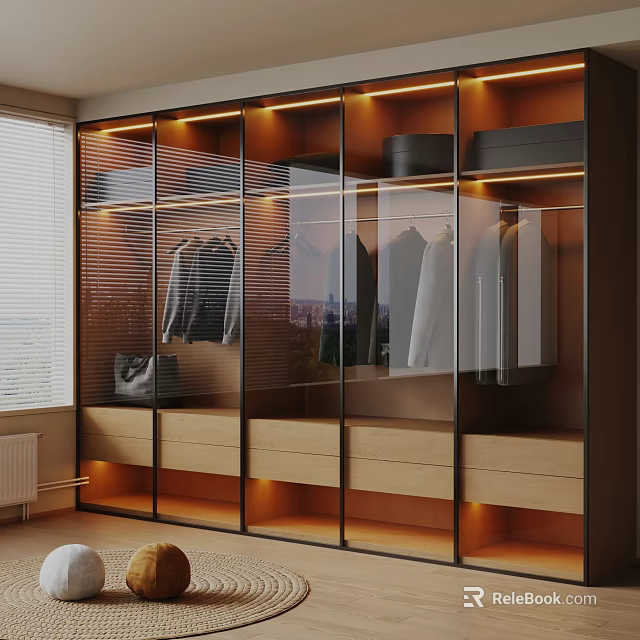 Modern Glass Door Wardrobe Interior With LED Lighting Drawers And Hanging Clothes 3d model 
