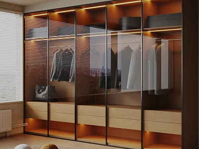 Modern Glass Door Wardrobe Interior With LED Lighting Drawers And Hanging Clothes 3d model