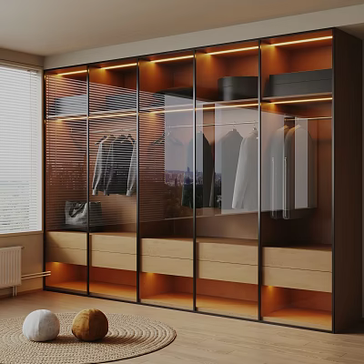 Modern Glass Door Wardrobe Interior With LED Lighting Drawers And Hanging Clothes 3d model