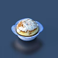 Delicious Homemade Muffin Topped With Powdered Sugar In Floral Shaped Blue And White Bowl