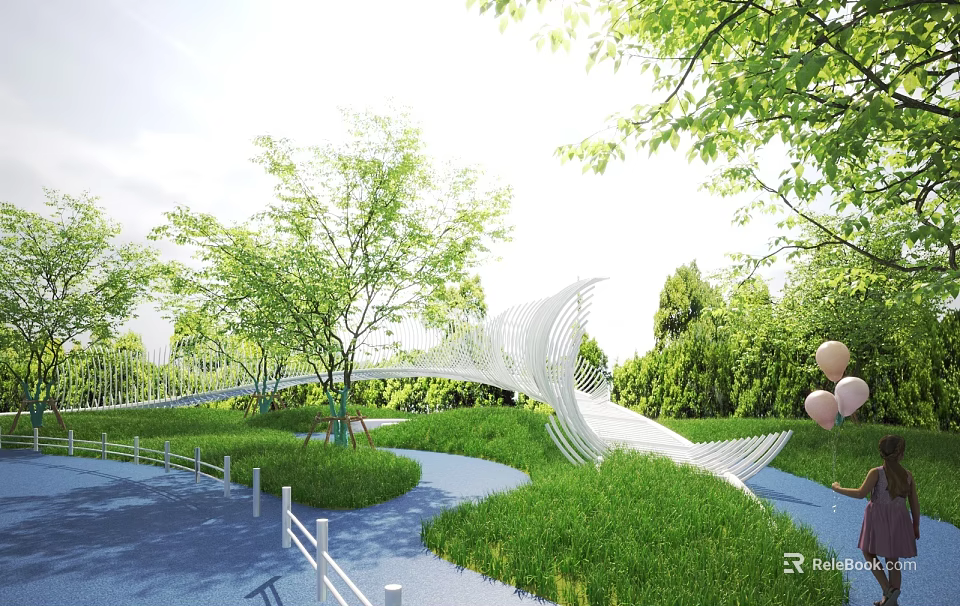 Park Landscape with Green Grass Blue Pathway White Curved Bridge and Pink Balloons 3d model 