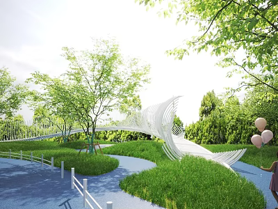 Park Landscape with Green Grass Blue Pathway White Curved Bridge and Pink Balloons 3d model